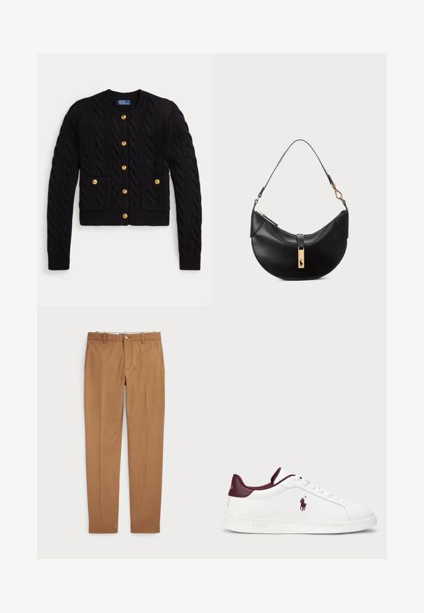 Fekete kötött kardigán kábelmintával, öt arany gombbal és két elülső zsebbel. Bordázott szegély és mandzsetták.; Fehér pamut póló, amelyen egy fekete kabátot és sapkát viselő mesebeli medve látható, sárga garbóval és fekete cipővel. A szöveg: "Polo Bear by Ralph Lauren".; Barna pamut nadrág, karcsú szabású, sima elülső résszel és standard zsebekkel; sima tapintású és hemzsegő szegélyekkel.; Fehér bőr sportcipő bordó részletekkel, kerek orr, dombornyomott logó és lapos fűzők. Texturált talp és sima felületű részletek.; Fekete bőr kézitáska félhold alakú formában. Aranyszínű fémrészekkel és keskeny pánttal rendelkezik. Simább felület, cipzáras záródás a tetején.