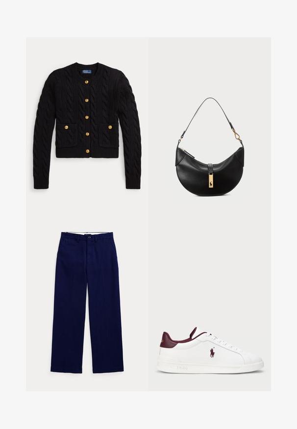 Black knitted cardigan with cable pattern, featuring five gold buttons and two front pockets. Ribbed hem and cuffs.; White cotton t-shirt featuring a cartoon bear in a black coat and cap, with a yellow turtleneck and black shoes. "Polo Bear by Ralph Lauren" text included.; Navy blue straight-leg trousers with belt loops, button closure, and side pockets on a plain light background.; White leather sneaker with burgundy accents, round toe, embossed logo, and flat laces. Textured sole and smooth surface detailing.; Black leather handbag in a half-moon shape. Features a gold hardware accent and a narrow strap. Smooth texture, zipper closure at the top.