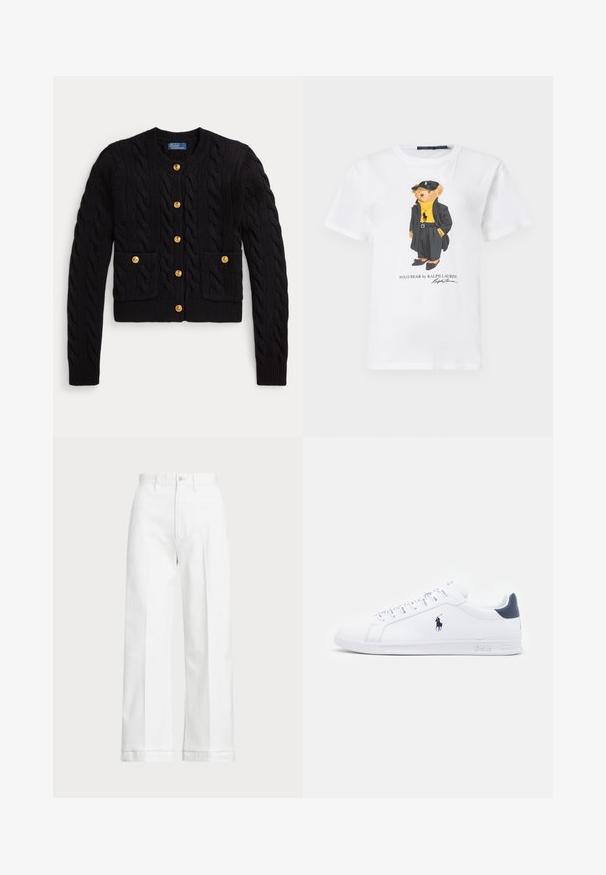 Melnas adītas kardigans ar pinuma rakstu, aprīkots ar piecām zelta pogām un divām priekšējām kabatām. Ribota apakša un aproces.; Balta kokvilnas t-krekls ar karikatūru lāci melnā mētelī un cepurē, dzeltenā turtleneckā un melnās kurpēs. Iekļauts teksts "Polo Bear by Ralph Lauren".; Baltas platās bikses ar augstu jostasvietu, ar pogu aizdari un smalkiem izšuvumiem. Izgatavotas no kokvilnas ar gludu tekstūru.; Baltas ādas sporta apavi ar gludu virsmu, jūras zila akcenti un neliels zīmols sānos. Aprīkoti ar plakaniem aukliņām un strukturētu gumijas zoli.