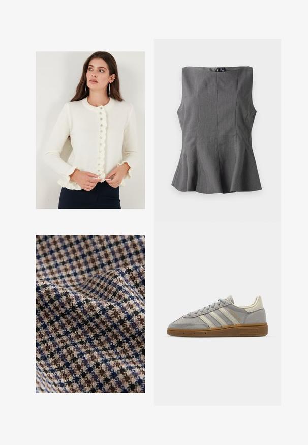 Bijeli kardigan s nabranim rubom i okruglim izrezom; sadrži gumbe sprijeda i dugačke rukave s nabranim manžetama. Mekana tekstura.; Siva peplum gornji dio s čvrstim dizajnom bez rukava. Izrađen od glatkog materijala, s vertikalnim šavovima i ravnim dekolteom.; Tekstil u karo uzorku koji sadrži bež, smeđe, mornarsko plave i crne boje s teksturiranim završetkom. Mekani i lepršavi izgled.; Sive suede tenisice s svijetlosivim kožnim prugama i gumiranim potplatom. Značajke uključuju vezanje na vezice i suptilno brendiranje na jeziku.