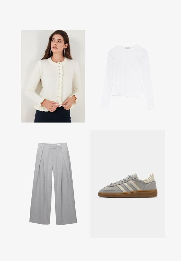 Bijeli kardigan s nabranim rubom i okruglim izrezom; sadrži gumbe sprijeda i dugačke rukave s nabranim manžetama. Mekana tekstura.; Bijela majica dugih rukava s okruglim izrezom. Ima uski kroj, glatku teksturu tkanine i malo skraćeni rub.; Svijetlo siva široka hlača, izrađena od teksturirane tkanine, s prednjim nabora, petljama za remen i krojenim strukom. Nema vidljivih kopčanja.; Sive suede tenisice s svijetlosivim kožnim prugama i gumiranim potplatom. Značajke uključuju vezanje na vezice i suptilno brendiranje na jeziku.