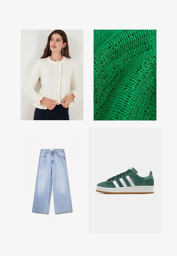 Cardigan alb cu margine ondulată și gât rotund; are nasturi pe față și mâneci lungi cu manșete ondulate. Textură moale.; Textil tricotat verde cu un model texturat, având o țesătură liberă și deschisă, care evidențiază fire fine și mai multe cusături vizibile.; Bershka WIDE-LEG - Wide leg - light-blue denim; Tenis verde din suede cu dungi albe din piele, talpă din cauciuc, guler căptușit și design minimalistic. Prezintă branding pe lateral.