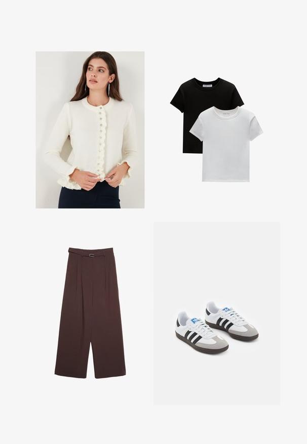 Bílý cardigan s volánovým lemem a kulatým výstřihem; má knoflíky vpředu a dlouhé rukávy s volánovými manžetami. Měkká textura.; Dvě trička s kulatým výstřihem v černé a bílé barvě, vyrobená z bavlny. Mají krátké rukávy a jednobarevný design bez vzorů nebo akcentů.; Stradivarius WIDE-LEG WITH BUCKLE DETAIL  - Kalhoty - dark brown; Sportovní boty s bílým koženým svrškem, šedou semišovou špičkou a třemi černými pruhy. Obsahují modré logo na jazyku a texturovanou gumovou podrážku.