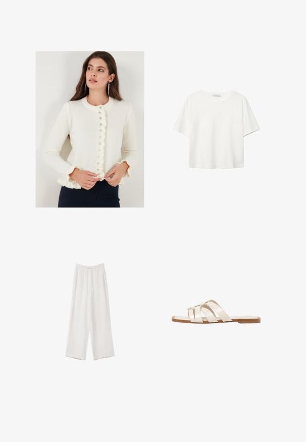 Weißer Cardigan mit gerafftem Rand und rundem Hals; verfügt über Knöpfe auf der Vorderseite und langen Ärmeln mit gerafften Manschetten. Weicher Stoff.; Weißes T-Shirt mit kurzen Ärmeln aus Baumwolle. Hat einen Rundhalsausschnitt und eine lockere Passform. Glatte Textur ohne sichtbare Muster oder Akzente.; Weiße weit geschnittene Hose aus leichtem Stoff. Mit einem elastischen Bund und Kordelzug sowie Seitentaschen. Glatte Textur.; Flache Sandalen mit einer honigfarbenen Gummisohle, gestaltet mit drei überlappenden weißen Lederriemen und einem kleinen Schleifendetail in der Mitte.