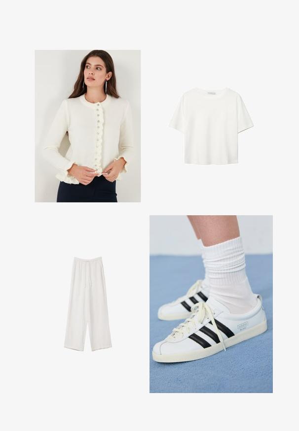 Bijeli kardigan s nabranim rubom i okruglim izrezom; sadrži gumbe sprijeda i dugačke rukave s nabranim manžetama. Mekana tekstura.; Bijela majica kratkih rukava od pamuka. Ima okrugli izrez i opušteni kroj. Glatka tekstura bez vidljivih uzoraka ili naglasaka.; Bijele hlače širokih nogavica napravljene od lagane tkanine. Imaju elastičan pojas s ušicom i bočne džepove. Glatka tekstura.; Bijele kožne tenisice s crnim prugama, kremasto bijela potplat i svijetle vezice. Nosi se s bijelim rebrastim čarapama, postavljeno na plavoj pozadini.