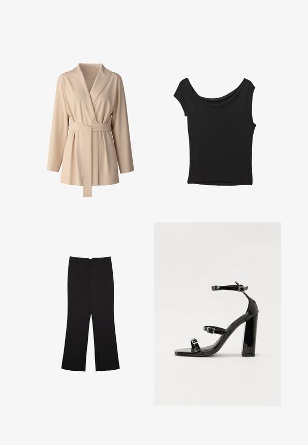 Beige Wickeljacke mit langen Ärmeln, breitem Kragen und Taillengürtel. Weicher, strukturierter Stoff mit gerafftem Detail an der Vorderseite.; Schwarzes Kurzarmoberteil aus glattem Stoff; hat einen drapierten Ausschnitt und einen asymmetrischen Saum, mit einem figurbetonten Körper.; Schwarze Hose mit geradem Schnitt, ausgestattet mit Fronttaschen und Seitenschlitzen am Saum. Hergestellt aus weichem, glattem Stoff. Geeignet für verschiedene Anlässe.; Schwarze patentierte Sandalen mit Absatz, quadratischer Spitze, Knöchelriemen und silbernen Schnallen. Mit einem stabilen Blockabsatz für mehr Stabilität.