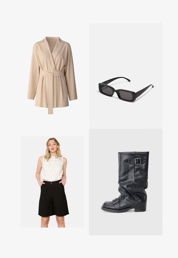 Beige wikkeljack met lange mouwen, brede kraag en tailleband. Zachte, gestructureerde stof met geraffineerd detail aan de voorkant.; Witte tanktop van lichtgewicht stof. Kenmerkt een ronde halslijn en brede armsgaten, met een gladde textuur en een minimalistisch ontwerp.; Witte kanten sleeveless top met een knoopsluiting bij de hals, gecombineerd met hoge zwarte shorts met zijzakken en een losse pasvorm.; Zwarte leren laars met een gevouwen schacht, voorzien van twee zilveren gespen. Rond neus en een laag, plat zoolontwerp. Gladde textuur, minimale details.; Zwarte rechthoekige zonnebril met donkere lenzen, glanzende afwerking, brede pootjes en een robuust frameontwerp. Gegraveerde merknaam op één van de pootjes.