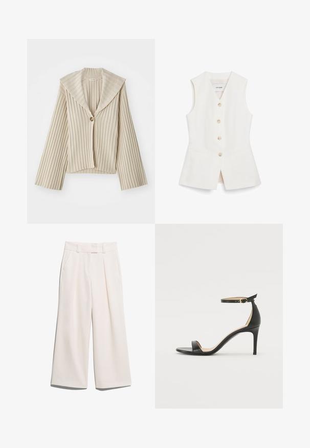 Beige, geripptes, kürzer geschnittenes Jacket mit breitem Reverskragen und einer einzelnen Knopfverschlüsse. Hat lange Ärmel und einen strukturierten Stoff.; Weißes ärmelloses Top mit tailliertem Design, sechs runden Knöpfen und zwei Vordertaschen. Hergestellt aus einem glatten Material mit sauberem Finish.; Weite Hosen in einem hellen Cremefarbton, aus glattem Stoff mit zwei Vordertaschen und sichtbaren Nähten am Bund.; Schwarze Leder-high-heeled Sandale mit Knöchelriemen. Verfügt über eine glatte Textur, offene Zehen und einen dünnen Absatz. Goldfarbener Schnallenakzent.