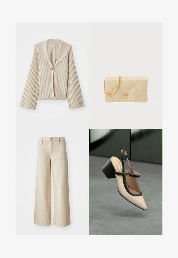Bežani, rebrasti skraćeni kaput s širokim izrezom i jednim dugmetom. Ima duge rukave i teksturiranu tkaninu.; Smeđi satenski košulja s klasičnim ovratnikom, dugim rukavima i prednjim zatvaranjem na dugme. Izdavaća se po glatkoj teksturi i kroju prilagođenom tijelu.; Bež traperice širokih nogavica, s visokim strukom, kopčanjem na gumb, petljama za remen i bočnim džepovima. Glatka tekstura i ležeran kroj.; Bež sandala s visokim potpeticama, otvorenom petom, šiljastim vrhom, crnim rubom i detaljem kopče. Glatki materijal s mat završnom obradom, srednja blok potpetica.; Bež prešivena kožna torba s lančanim remenom u zlatnoj boji i logotipom sprijeda. Glatka tekstura s dijamantnim uzorkom šavova.