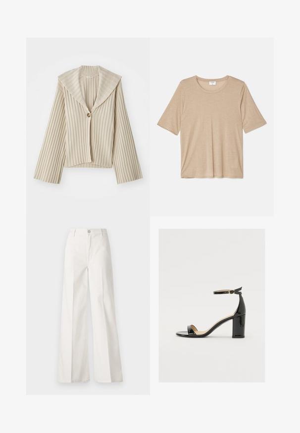 Bēšas krāsas ribota, īsa jakas ar platām atlokām jūgām un vienu pogu. Iezīmē garas piedurknes un teksturētu audumu.; Filippa K ELENA TEE - Apdrukāts T-krekls - sandstone; Baltas platfita bikses, izgatavotas no kokvilnas ar gludu tekstūru. Aprīkotas ar priekšējo pogu, rāvējslēdzēju un četru kabatu dizainu.; Melnas patentā ādas sandales ar platām papēžiem, atvērtu purngalu un potītes siksniņu ar zelta sprādzi. Gluda tekstūra un elegants dizains.