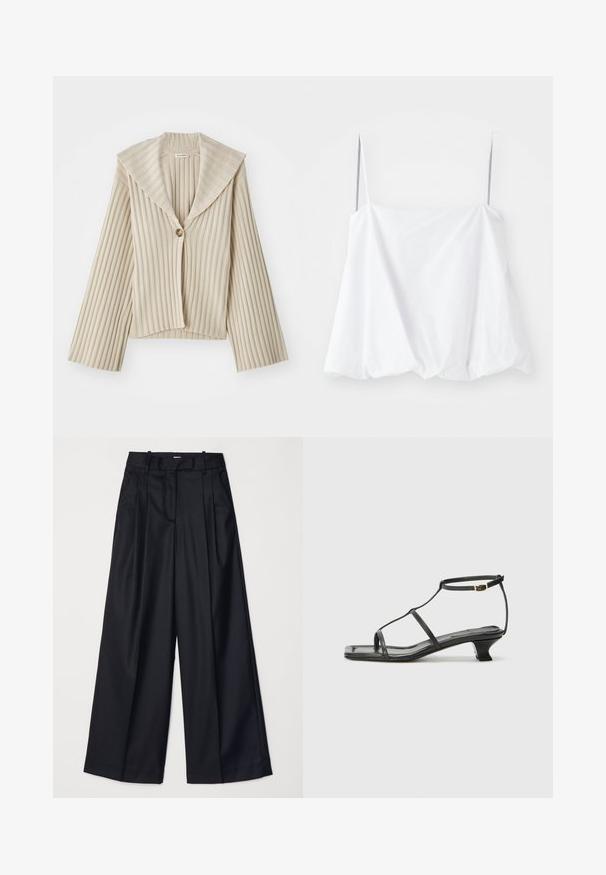 Beige, ribbed cropped jacket with a wide notched collar and a single button closure. Features long sleeves and textured fabric.; White sleeveless top with thin straps, made from lightweight fabric. Featuring a loose design and gathered texture at the hem.; Black wide-leg trousers made of smooth fabric, featuring a high waist, pleats, and a tailored design. Simple black hardware at the waist.; Black leather sandal with a square toe, thin straps, adjustable ankle strap, and a low heel. Features a small gold accent on the strap.