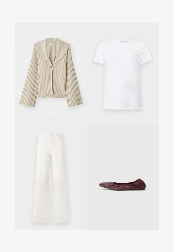 Bežani, rebrasti skraćeni kaput s širokim izrezom i jednim dugmetom. Ima duge rukave i teksturiranu tkaninu.; Bijela kratka majica s kratkim rukavima od pamuka s dizajnom okruglog izreza. Glatka tekstura i ravni kroj, bez uzoraka ili naglaska.; Bijele, visokotalasne široke traperice. Imaju kopčanje na dugme, dva prednja džepa i bočne šavove s detaljima šivanja.; Balerinke u tamnocrvenoj koži, s okruglim vrhom, elastičnom oko, i glatkom teksturom s suptilnim detaljima nabora.