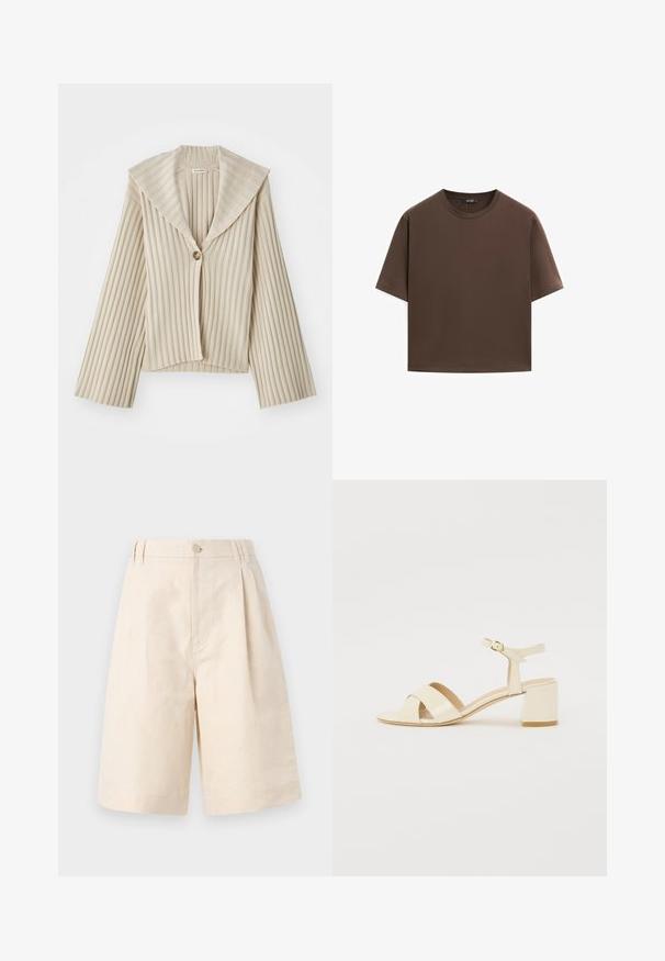 Beige, ribbed cropped jacket with a wide notched collar and a single button closure. Features long sleeves and textured fabric.; Brown cotton t-shirt, short sleeves, crew neckline, relaxed fit, smooth texture, minimalistic design, no visible patterns or accents.; Beige linen shorts with a relaxed fit, featuring a button closure, pleated design, and knee-length cut. Smooth texture and simple style.; Beige patent leather heeled sandals with cross strap design, open toe, adjustable ankle strap, and a block heel. Smooth texture.
