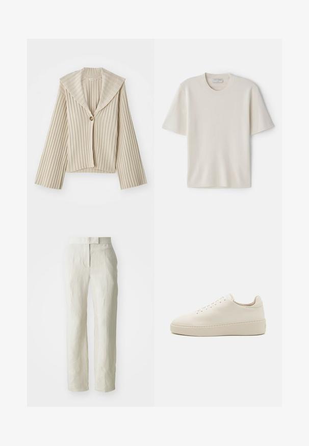 Bež, ribadega lühikese varrukaga jakk, millel on lai lõhiku krae ja ainus nööbiklipp. Omab pikki varrukaid ja tekstuurset kangast.; Kreem värvi lühikeste varrukatega T-särk ümmarguse kaelusega, valmistatud pehmest materjalist, omades sirget lõiget ja minimaalseid detailide rõhutusi.; Valged linased püksid hoolikalt kohandatud lõikega, millel on siledad esipaneelid ja sirged sääred. Sile tekstuur kerge kortsude detailiga.; Valge nahast treener ümaratotsaga, ühetooniliste paeltega ja paksu platvormiga tallaosaga. Minimalistlik disain sileda tekstuuriga ja ilma nähtava brändimiseta.