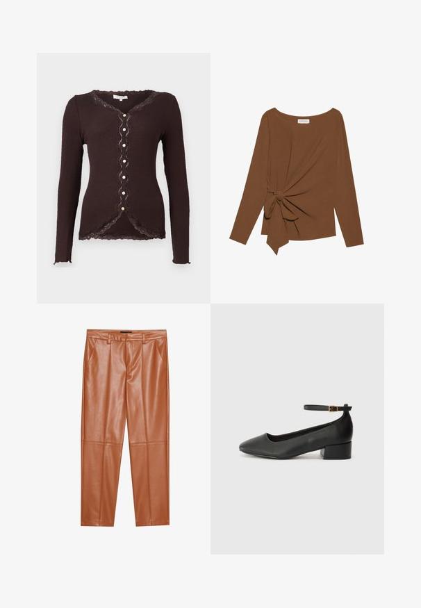 Ruda banguota ilgomis rankovėmis kardiganas su nėrinių apdaila ir banguotais kraštais, turintis V formos iškirpčių ir septynis mygtukus priekyje.; Ruda ilga rankovė viršutinė dalis su plačiu iškirpimu ir mazgo detale vienoje pusėje, pagaminta iš minkštos, tekstūruotos medžiagos.; Rudos dirbtinės odos kelnės su pritaikytu siluetu, su priekinių klosčių ir tiesiomis kojomis. Sklandus paviršius be matomų metalinių detalių ar akcentų.; Juodas odinis aukštakulnis batelis su smailiu pirštu ir žemu bloku. Su kulkšnies dirželiu su auksinės spalvos sagtimi. Lygus paviršius.