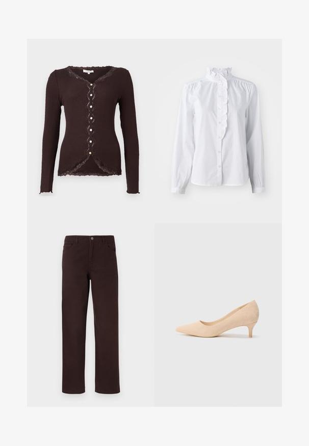 Barna bordázott, hosszú ujjú kardigán csipkés díszítéssel és hullámos szélekkel, V-nyakkivágással és hét gombos zárással az elején.; Fehér, hosszú ujjú ing, fodros, magas gallérral és függőleges fodros díszítéssel az elején. Könnyű pamut anyag.; Barna pamut nadrág egyenes szárú szabással, két elülső zsebbel és gombos zárással a deréknál. Simas texture, látható minták nélkül.; Beige velúr magassarkú cipő hegyes orral és vékony, 5 cm-es sarkával. Simító textúra, minimális díszítéssel a felső felületen.