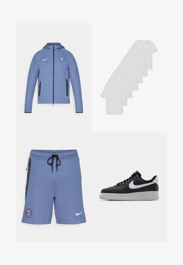 Blå lynlåsjakke lavet af glat stof, med hætte, sorte lynlås-lommer og et logo på brystet. Akcentueret med hvid Nike-branding.; Hvide bomulds T-shirts, korte ærmer, rund halsdesign, ensartet tekstur, stablet i en række, med diskret branding ved halsåbningen.; Blå sportsshorts lavet af blødt stof, med sorte sidelommer, justerbar talje med snor og et Paris Saint-Germain-logo på venstre side.; Sort lædersneaker med tekstureret overflade, hvid Nike swoosh, grå sål, rund tå og snørebåndsdesign. Har perforeringer på tåboksen.