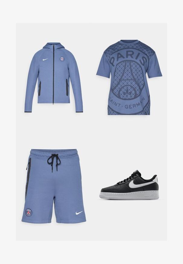 Blå hettejakke med glidelås laget av glatt stoff, med svarte glidelåslommer og en logo på brystet. Utsmykket med hvit Nike-merkevare.; Lyseblå T-skjorte med geometrisk mønster, stor "PARIS" tekst og "SAINT-GERMAIN" detalj. Laget av mykt stoff med rund hals.; Blå sportsshorts laget av mykt stoff, med svarte sidelommer med glidelås, snøring i livet, og Paris Saint-Germain-logoen på venstre side.; Svart lær sneakers med teksturert overflate, hvit Nike swoosh, grå såle, rund tå og snøredesign. Har perforeringer på tåboksen.