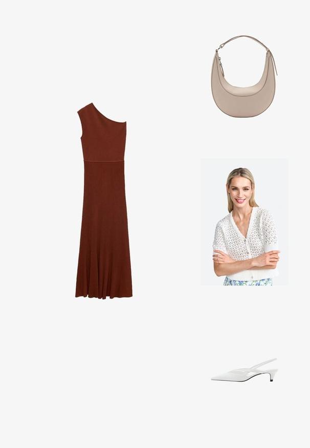 Witte gebreide kortmouwen cardigan met een gekartelde halslijn, ingewikkeld opengewerkt patroon en een knoopsluiting.; Asymmetrische bruine ribbedress met ontwerp voor één schouder; aansluitende bodice die uitloopt in een brede rok. Glad textuur over de gehele lengte.; Witte slingback hak met spitse neus, voorzien van een gladde bovenkant, subtiele uitsparingen en een lage blokhak. Zwarte zool accentueert het ontwerp.; Beige leren schoudertas met een halve maanvorm, een soepele textuur en een enkele gebogen handgreep. Voorzien van een ritssluiting en nette stiksels.