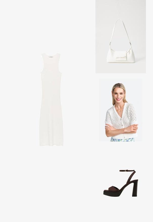 Cardigan alb tricotat cu mâneci scurte, cu un guler zimțat, un model complex de dantelă deschisă și închidere cu nasturi.; Rochie albă, fără mâneci, din tricot cu model în relief, cu o siluetă ajustată, care ajunge sub genunchi. Design simplu și minimalist, fără modele sau accesorii.; Sandal cu toc înalt din suede maro, cu vârf deschis, curea ajustabilă la gleznă și talpă cu dungi.; Geantă sintetică albă, cu formă triangulară, capac frontal plat și detaliu cu fundă, curea ajustabilă, textură netedă și design minimalist.
