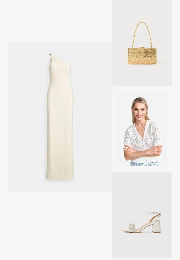 Valge kudumisega lühikeste varrukatega kardigan, millel on laineline kaelus, keeruline avatud töö muster ja nööbiga sulgemine.; Vormile ühekohaline kreemjas kangast kleit. Volangidega ülaosa kerge läikega ja dekoratiivne riistvara õlal. Põrandapikk.; Valge avatud varbaga sandaal paksu ploki kontsaga, millel on tekstuuriga sädeluslindi detail üle jala ja reguleeritav pahkluuring.; Kullatud kaunistustega kott ristküliku kujuga, millel on keeratud ahelast käepide ja metallist lukuga sulgur, peegeldades valgust tekstuurse viimistlusega.