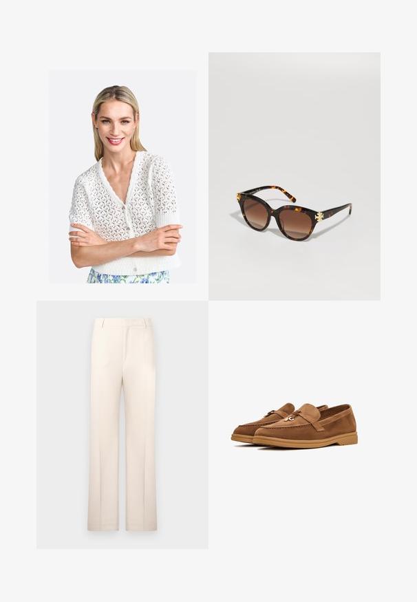 Bijela pletena kratka kardigan s kratkim rukavima, s valovitim izrezom, složenim otvorenim uzorkom i zatvaranjem na dugme.; Bijela pamučna majica s detaljima smocking-a, čipkastim rubom i podesivim volanastim naramenicama. Lagana tkanina, opušteni kroj.; Bež hlače s ravnim nogavicama, izrađene od lagane tkanine. Imaju prednje nabore i klasičan pojas.; Smeđe velur mokasine s ravnim potplatom, koje imaju dekorativnu mašnu i suptilne šavove. Dizajn s zaobljenim prstima.; Naočale u obliku leptira od kornjačevine, s nagibnim smeškim staklima smeđe boje i zlatnim akcentima na prednjoj strani, sa tankim rukama s sjajnim finišem.