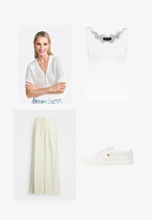 Valge kudumisega lühikeste varrukatega kardigan, millel on laineline kaelus, keeruline avatud töö muster ja nööbiga sulgemine.; Valge sooniktop lace äärisega kaelusel ja varrukatel. Omab pehmet tekstuuri ja lähedast lõiget. Brändi silt on nähtav seestpoolt.; Laiad sääred valgest kangast, kõrge värviga, topeltpliiatsi ja nupuga kinnitusega. Sile tekstuur ja kohandatud disain.; Lauren Ralph Lauren JANSON II CANVAS SNEAKER - Tossud - optic white