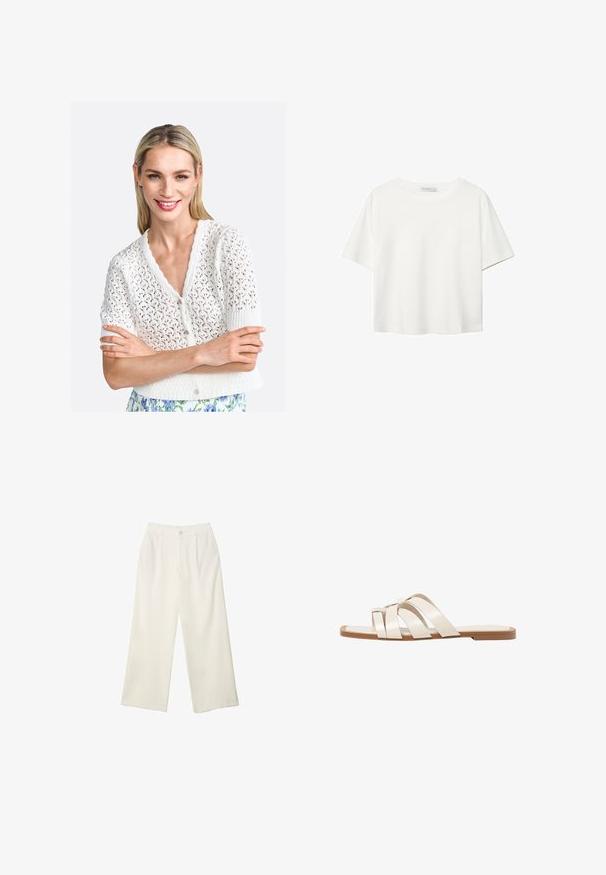 Bijela pletena kratka kardigan s kratkim rukavima, s valovitim izrezom, složenim otvorenim uzorkom i zatvaranjem na dugme.; Bijela majica kratkih rukava od pamuka. Ima okrugli izrez i opušteni kroj. Glatka tekstura bez vidljivih uzoraka ili naglasaka.; Hlače širokih nogavica od kremaste tkanine s glatkom teksturom, s jednim prednjim gumbom, suptilnim plitvicama i visokim strukom.; Ravne sandale s smeškom od gume, dizajnirane s tri preklapajuće bele kožne trake i malim detaljem mašne u sredini.