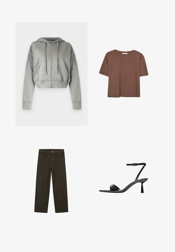 Šedá krátká mikina s kapucí na zip vpředu, s měkkou texturou a jemným vzorem opakujících se log na rukávech a těle. Má kapuci se šňůrkami.; Hnědé tričko s krátkým rukávem vyrobené z měkké látky, s kulatým výstřihem a volným střihem. Bez viditelných vzorů nebo dekorací.; Tmavě zelené široké džínsy vyrobené z bavlněné směsi, s předním zapínáním na knoflík, pěti kapsami a klasickým denimovým stehem.; Bershka Sandály na vysokém podpatku - black