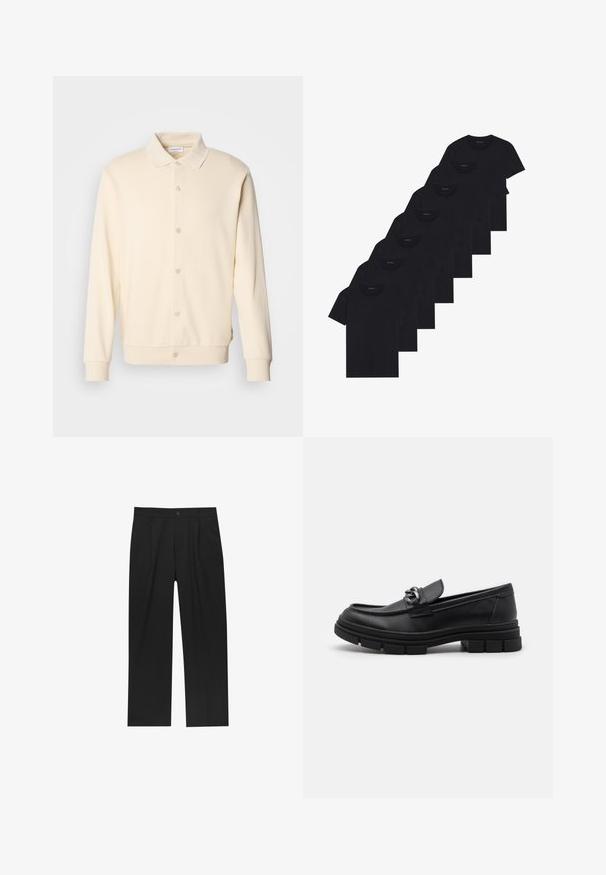 Krémová button-up mikina s dlhými rukávmi, golierom a ribovanými manžetami. Hladká textúra, minimalistický dizajn.; Sada ôsmich čiernych bavlnených tričiek s krátkymi rukávmi a okrúhlym výstrihom, s jednoduchým dizajnom a jemnou textúrou.; Čierne nohavice s rovnými nohavicami, vyrobené z hladkej tkaniny. Majú predné puky a jediné gombíkové zapínanie v páse.; Čierne kožené mokasíny s okrúhlym špičkou, dekoračným pásikom a kovovými prvkami, a robustnou textúrovanou podrážkou. Hladký povrch s jemnými detailami.