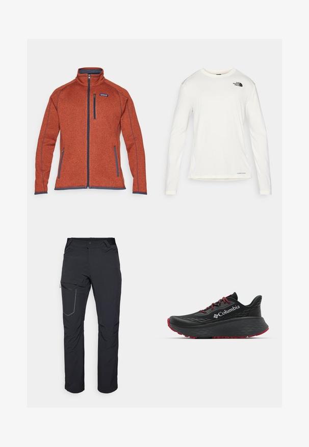 Patagonia BETTER SWEATER - Felpa con zip - burnished red; Camicia bianca a maniche lunghe con colletto tondo, tessuto testurizzato, logo nero sulla spalla sinistra e branding sottile sul fondo.; Pantaloni neri da esterno con tasca a zip sulla coscia, cintura elastica e tessuto liscio, resistente all'acqua. Design pulito senza loghi visibili.; Scarpa sportiva nera con tomaia testurizzata, lacci rossi e logo. Suola spessa con battistrada a righe per una buona aderenza. Design minimalista, vista laterale.