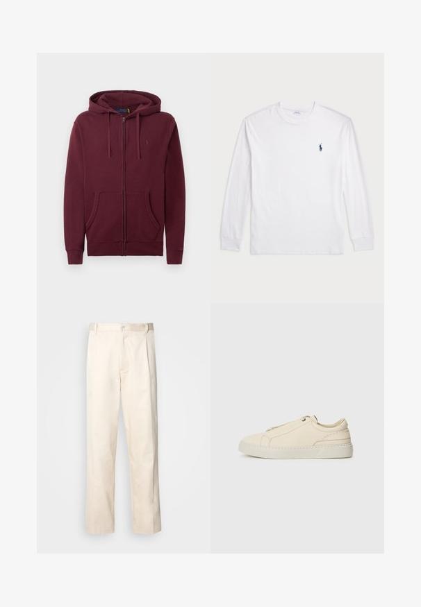 Bordová mikina na zips s kapucňou na šnúrku, prednými vreckami a decentne vyšitým logom na hrudi na bielom pozadí.; Biele tričko s dlhým rukávom vyrobené z bavlny. Má okrúhly výstrih, pružné manžety a malé námornícky modré logo polo na ľavej hrudi.; Béžové bavlnené nohavice so strihom rovného nohu, s gombíkovým zapínaním a záhybmi vpredu pre pridanie detailu.; Beige kožené tenisky s okrúhlou špičkou, minimalistickým dizajnom, jemnými švy a textúrovaným povrchom, na svetlej podrážke.
