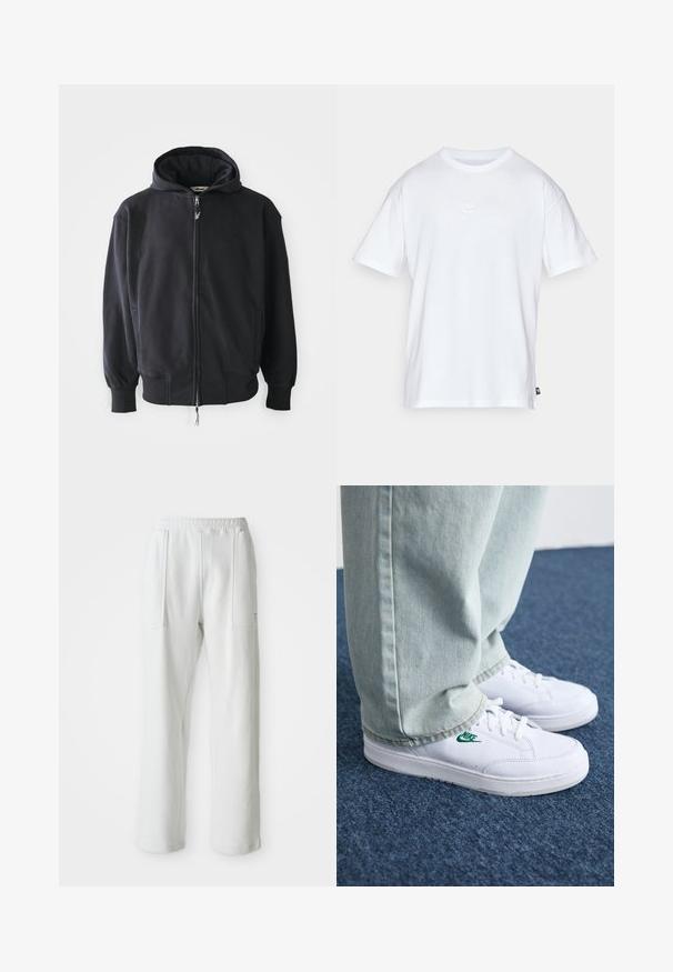 Μαύρη ζακέτα με φερμουάρ, κατασκευασμένη από μαλακό, υφασμάτινο ύφασμα. Διαθέτει κουκούλα, πλευρικές τσέπες και ριμπ μανσέτες και στρίφωμα. Κεντητό λογότυπο μπροστά.; Λευκό βαμβακερό μπλουζάκι με κοντά μανίκια και στρογγυλή λαιμόκοψη. Διαθέτει ένα μικρό, διακριτικό λογότυπο Nike στο στήθος και μια ετικέτα στο πλάι.; Λευκά casual παντελόνια με ελαστική μέση και μεγάλες μπροστινές τσέπες, τοποθετημένα σε απλή ανοιχτόχρωμη επιφάνεια.; Λευκά δερμάτινα sneakers με πράσινο λογότυπο Nike, στρογγυλή μύτη, επίπεδη σόλα, συνδυασμένα με ανοιχτό μπλε τζην παντελόνι, τοποθετημένα σε μπλε χαλί.