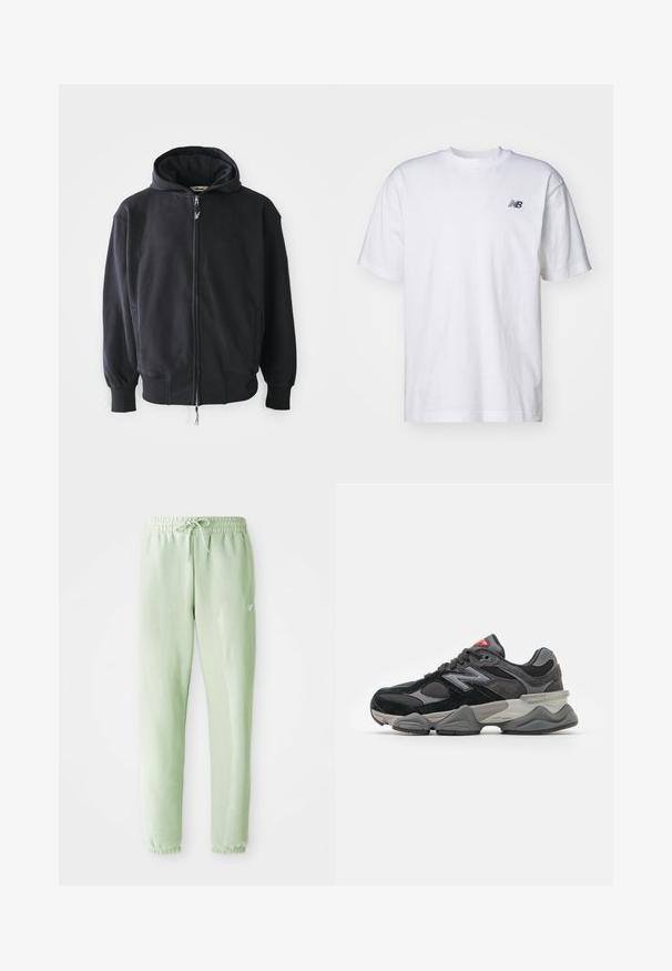 Felpa con zip nera realizzata in morbido tessuto testurizzato. Presenta un cappuccio, tasche laterali e polsini e fondo a costine. Logo ricamato sulla parte anteriore.; T-shirt bianco a maniche corte con scollo rotondo e piccolo logo nero New Balance sul lato sinistro del petto, su uno sfondo neutro.; Pantaloni della tuta verde chiaro realizzati in morbido cotone, dotati di vita elastica con cordoncino e gambe affusolate, rifiniti con polsini arricciati.; Sneaker nera e grigia con un mix di materiali in suede e mesh, suola spessa, logo prominente e accento rosso sulla linguetta.