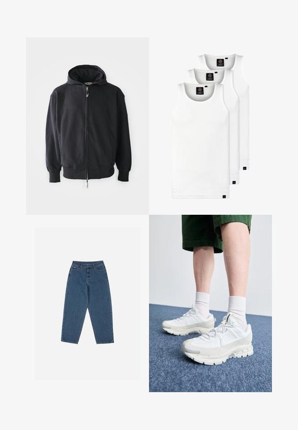 Sudadera con cremallera negra hecha de un tejido suave y texturizado. Cuenta con una capucha, bolsillos laterales y puños y dobladillo acanalados. Logo bordado en la parte frontal.; Tres camisetas sin mangas de algodón de color blanco con canalé. Cuentan con cuello redondo y pequeñas etiquetas negras cerca del dobladillo. Disponibles en múltiples tamaños.; Vaqueros de denim azul con un corte relajado, cintura alta, diseño de cinco bolsillos y acentos de costura. Cuenta con un cierre de botón y cremallera.; Zapatillas deportivas blancas con superposiciones texturizadas, una suela gruesa y acentos grises. Llevadas con calcetines blancos hasta la pantorrilla y pantalones cortos verdes sobre una superficie azul.