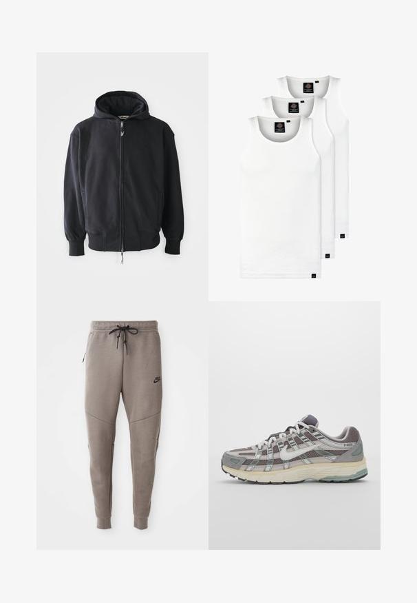 Melnas rāvējslēdzēja džemperis ar kapuci, izgatavots no mīksta auduma, ar aukliņu kapuci, garām piedurknēm un priekšējām kabatām. Uz krūšukurvja neliels logotips.; Trīs baltas ribotas krūšturi, kas izgatavoti no kokvilnas. Iezīmēti ar apaļu kakla izgriezumu un maziem melniem etiķetēm tuvu apakšmalai. Pieejami vairākos izmēros.; Pelēki Nike sporta bikses ar aukliņu viduklī, sašaurinātiem galiem, sānu kabatām un izteiktām šuvēm. Mīksta, teksturēta auduma.; Pelēkie sporta apavi ar tīkla un zamša augšdaļu, baltiem akcentiem, mīkstinātu zoli un izcilu dizainu ar atstarotājiem.