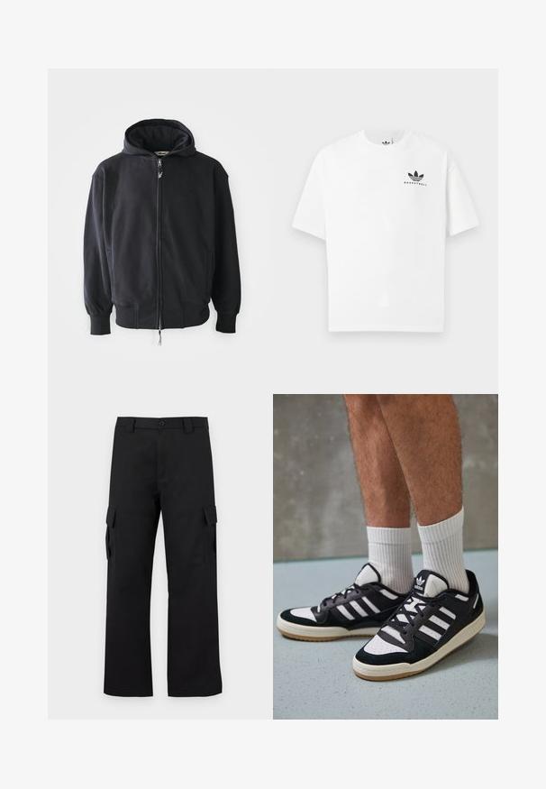 Corta-vento preto com fecho e tecido suave e texturizado. Apresenta capuz, bolsos laterais e punhos e bainha canelados. Logotipo bordado na frente.; T-shirt de algodão branco com mangas curtas, apresentando um logótipo preto "BASKETBALL" e o icónico design de três riscas na parte da frente.; Calças cargo pretas com um design de perna reta. Feitas de um tecido durável, apresentam dois bolsos laterais com fechos de aba e um fecho de botão.; Ténis em preto e branco com upper em camurça e couro, apresentando três riscas brancas, um toe perfurado e uma sola em borracha de goma.