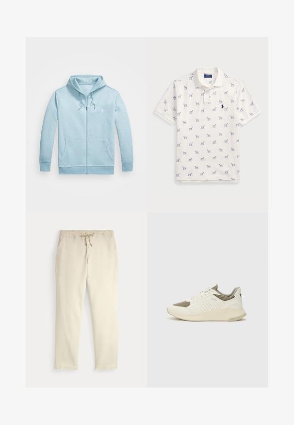 Polo Ralph Lauren Big & Tall DOUBLE-KNIT FULL-ZIP HOODIE - Camisola com fecho - modern blue heather; Camisola polo branca feita de algodão, com um padrão repetido de cães azuis e um pequeno logotipo azul no peito. Mangas curtas e colarinho.; Calças casuais off-white com cintura elástica e cordão, pernas retas e bolsos laterais, contra um fundo liso.; Sapatilha atlética branca e bege claro, com parte superior em malha, detalhes perfurados e uma entressola texturizada com marcação no calcanhar.