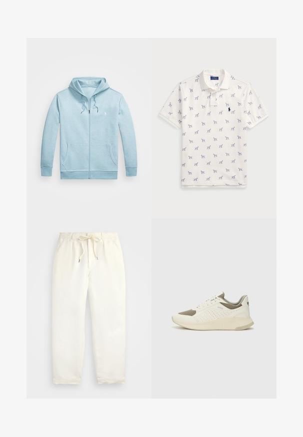 Polo Ralph Lauren Big & Tall DOUBLE-KNIT FULL-ZIP HOODIE - Φούτερ με φερμουάρ - modern blue heather; Λευκό polo μπλουζάκι από βαμβάκι, με επαναλαμβανόμενο μπλε σχέδιο σκύλων και μικρό μπλε λογότυπο στο στήθος. Κοντά μανίκια και γιακάς.; Απαλή κρέμα, χαλαρές παντελόνες φτιαγμένες από μαλακό ύφασμα. Διαθέτουν ελαστική μέση με κορδόνι, και σχέδιο κωνικού ποδιού.; Λευκό και ανοιχτό μπεζ αθλητικό παπούτσι, με επάνω μέρος από διχτυωτό υλικό, διακοσμήσεις με περφορέ και υφή στην ενδιάμεση σόλα με επωνυμία στη φτέρνα.