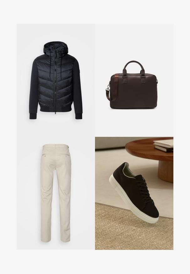 Padded bunda s čiernym prešívaným predným dielom, textúrovanými rukávmi, zipsom a nastaviteľnou kapucňou. Obsahuje bočné zipsové vrecká.; Modrá a biela prúžkovaná košeľa s dlhými rukávmi vyrobená z bavlny, vybavená golierom na gombíky, prednými gombíkmi a malým vyšitým logom na hrudi.; Béžové nohavice s hladkou textúrou, rovný strih, dve zadné vrecká s gombíkmi a štandardný pás.; Čierna teniska s bielou podrážkou plávajúca nad béžovým textúrovaným kobercom pri okrúhlom drevenom stole s hromadou kníh.; Hnedá kožená taška na laptop s textúrovaným povrchom, dvojitými hornými uchami, nastaviteľným popruhom a dvoma prednými prackami pre pridaný detail.