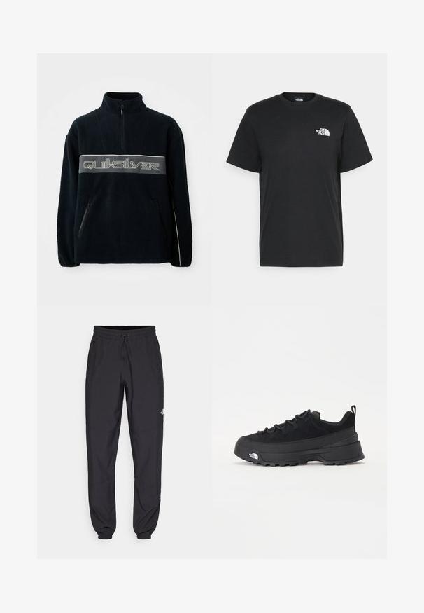 Pulover negru din fleece, cu guler cu fermoar pe un sfert, buzunare laterale cu fermoar și un logo mare Quiksilver pe piept, în gri.; Tricou negru din bumbac, cu mâneci scurte, guler rotund și un mic logo alb pe pieptul stâng. Design simplu, textură netedă și croială lejeră.; Pantaloni atletici negri, confecționați dintr-un material ușor, cu un tiv elastic la talie, buzunare laterale și tivuri ajustate la gleznă.; Tenisi de exterior negri cu superior din daim, talpă din cauciuc texturat și sistem de șireturi solid. Prezintă un călcâi întărit și un logo al mărcii pe lateral.