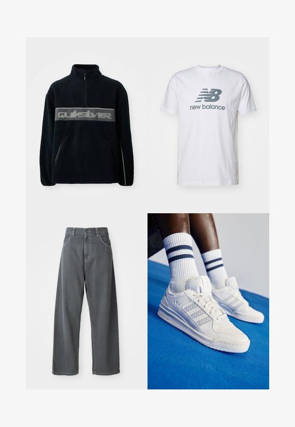 Must kollane fliisika, millel on neljandiku tõmbluku kaelus, tõmblukuga küljetaskud ja suur hall Quiksilveri logo rinnal.; Valge puuvillane t-särk, millel on hall "NB" logo ja "new balance" tekst, lühikesed varrukad, klassikaline ümmargune kaelus, sile tekstuur.; Hallide denim laiade püksid kõrge vöökoht, millel on eestaskud, vöökohale mõeldud paelad ja nööpidega kinnitamine.; Valge nahast jooksujalatsid, millel on perforatsioonidega detailid, kolm metallilist triipu ja tekstureeritud külgpaneel. Kanna valgeid sokke, millel on sinised triibud.