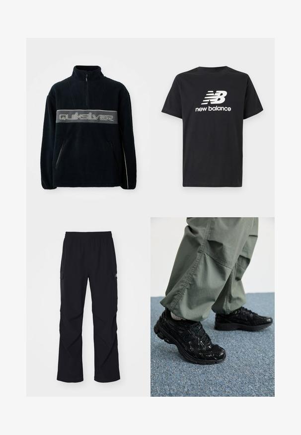 Sort fleece sweatoplevel med kvart-zip halsudskæring, lynlåslommer i siderne og et stort Quiksilver-logo tværs over brystet i grå.; Sort bomulds-T-shirt med et hvidt New Balance-logo og grafisk design på forsiden. Korte ærmer og rund hals.; Sorte cargo bukser lavet af let materiale, med elastisk talje, sidelommer og lige ben design.; Sorte atletiske sneakers med blanke og mesh teksturer, der har en tyk sål og snørebånd, parret med løse olivengrønne cargo bukser.