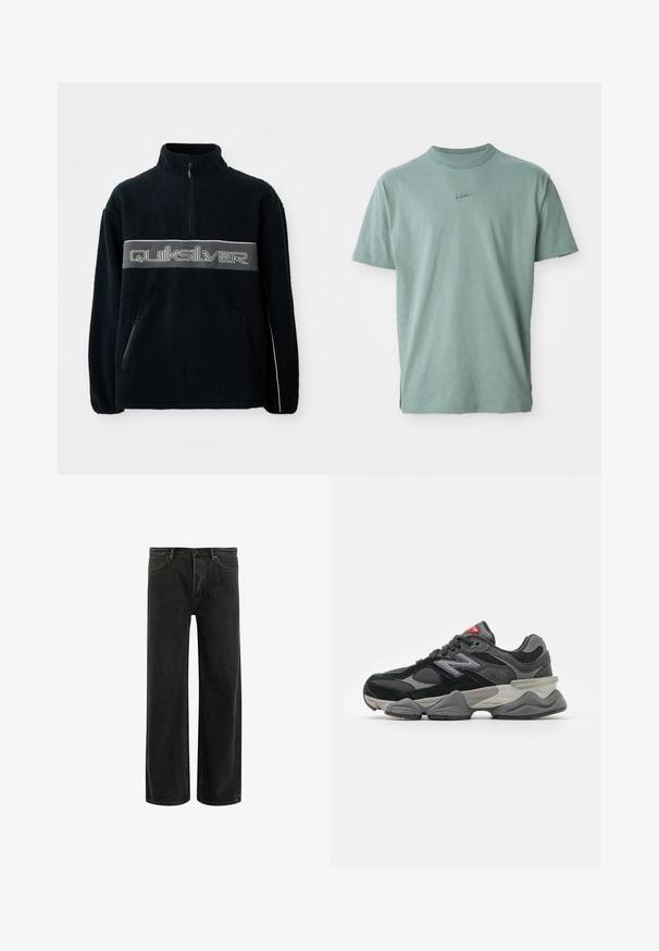Must kollane fliisika, millel on neljandiku tõmbluku kaelus, tõmblukuga küljetaskud ja suur hall Quiksilveri logo rinnal.; Roheline puuvillane T-särk lühikeste varrukatega, soonikkrae ja broderitud Nike logo rindkere kohal. Sile struktuur ja lõdvestatud lõige.; Mustadest denimist laiad püksid kõrge vöökoht, klassikalise viie taskuga disain ja õrn pleekinud välimus tekstuurilise ilme saavutamiseks.; Must muste ja hall tossud, mis on tehtud segu sametist ja võrkmaterjalist, pakse vahetallaga, silmapaistva logoga ja punase aktsendiga keelel.