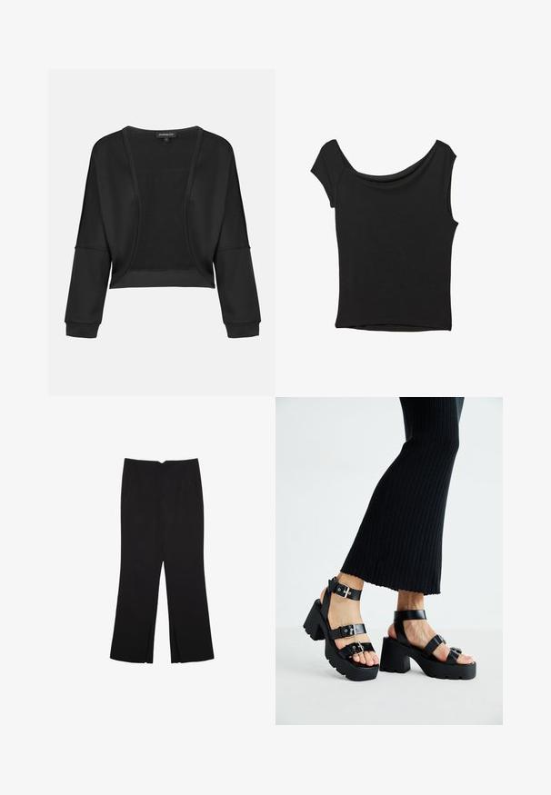 Čierna skrátená bunda s dlhými rukávmi, otvoreným predným dielom a textúrovanou pletenou panelou. Hladká tkanina s uvoľneným a voľným strihom a elastickými manžetami.; Čierny krátky rukáv top vyrobený z hladkej tkaniny; má prehnutý výstrih a asymetrický lem, s priliehavým telom.; Čierne nohavice so strihom rovného strihu, s prednými vreckami a bočnými rozparkami na leme. Vyrobené z mäkkej, hladkej tkaniny. Vhodné na rôzne príležitosti.; Čierne platformové sandále s robustnými, zúbkovanými podrážkami a viacerými popruhmi, s kovovými prackami a hladkým textúrou pripomínajúcou kožu.