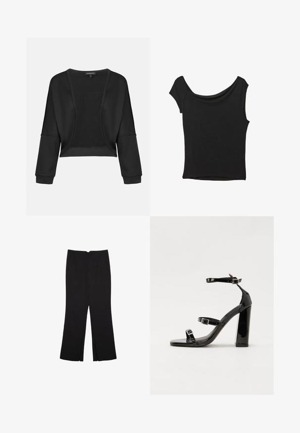 Crna skraćena jakna dugih rukava, otvorenog prednjeg dijela i propletenog panele. Glatka tkanina s opuštenim, slobodnim krojem i elastičnim manžetama.; Crna majica kratkih rukava od glatkog materijala; ima drapirani izrez i asimetrični donji rub, uz prilagođeni kroj tijela.; Crne hlače ravnog kroja, s prednjim džepovima i bočnim prorezima na rubu. Izrađene od mekog i glatkog materijala. Pogodne za razne prigode.; Crne lakirane sandale na pete sa kvadratnim nosom, trakama oko gležnja i srebrnim kopčama. Imaju čvrst blok petu za stabilnost.