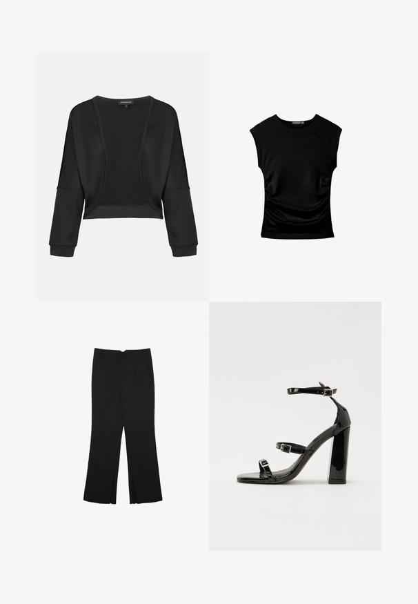 Črn skrajšan jopič z dolgimi rokavi, odprto spredaj in teksturiranim pletenim panelom. Gladek material z sproščenim, širokim krojem in elastičnimi manšetami.; Črna kratka majica z okroglim izrezom in rahlim naborkom na obeh straneh, položena na ravno belo podlago.; Črne hlače ravnega kroja z naglavnimi žepi in stranskimi razporki na robu. Narejene iz mehke, gladke tkanine. Primerne za različne priložnosti.; Črne lakaste sandale z visokimi petami, z dvema trakovoma z zaponkama, kvadratnim sprednjim delom in masivno širšo peto, z gladko, sijočo teksturo.