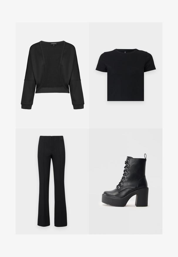 Melna īsā jaka ar garām piedurknēm, atvērta priekšpuse un teksturēta adīšanas paneļa. Gluda auduma ar brīvu, vaļīgu piegriezumu un elastīgām aprocēm.; Melnas īsām piedurknēm T-krekls, kas izgatavots no mīkstas kokvilnas. Ievietota apaļa kakla izgriezums un pieguļošs dizains. Gluda tekstūra bez rakstiem vai akcensiem.; Melnas flared bikses ar ribotu tekstūru un pieguļošu vidukli. Dizainā ir vertikālas šuves, lai radītu plūdenu izskatu. Nav redzamu aprīkojumu.; Melnas ādas potītes zābaki ar masīvu blokveida papēdi, auklu aizdari un teksturētu virsmu. Iekļauts aizmugurē esošs cilpiņas elements vieglai uzvilkšanai.