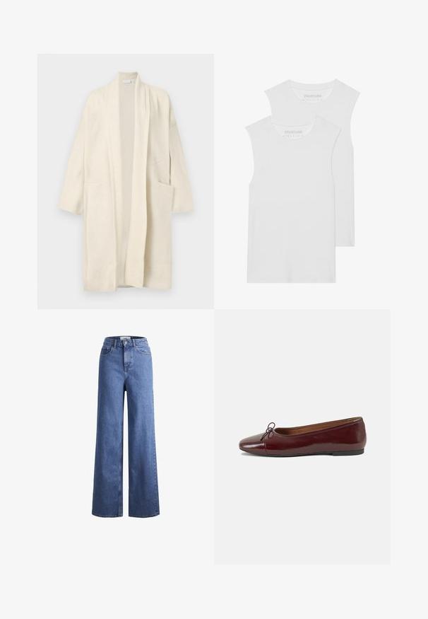 Long cream open-front cardigan with two front pockets and wide lapels, displayed on a white background.; Two white sleeveless T-shirts made of soft cotton fabric, featuring a rounded neckline and no visible patterns or hardware.; Light blue denim wide-leg jeans with a high waist, two front pockets, and visible stitching. Features a button and zipper closure.; Burgundy patent leather ballet flat with a rounded toe, small bow accent at the front, and a low, black rubber sole. Smooth texture.