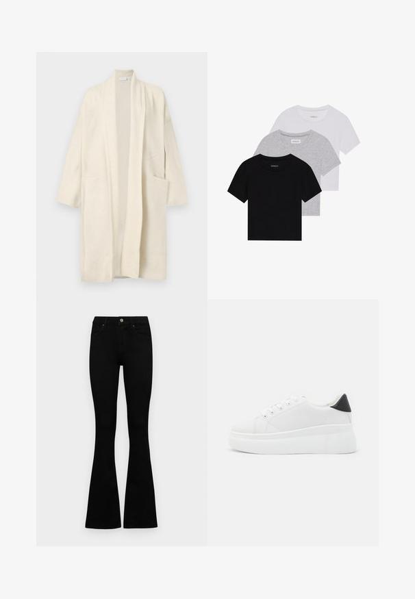 Dlouhý smetanový kardigan s otevřeným předním dílem, dvěma předními kapsami a širokými klopami, vystavený na bílém pozadí.; Sada tří triček s krátkým rukávem v černé, šedé a bílé barvě. Vyrobena z bavlny, s kulatým výstřihem a jednoduchým jednobarevným designem.; Černé vysoké džíny s knoflíkem a zipovým zapínáním, předními kapsami a rozšířenými nohavicemi, ležící na bílé podložce.; Bílé platformové tenisky vyrobené z hladkého syntetického materiálu, s kulatou špičkou, šněrováním a texturovanou gumovou podrážkou. Černý akcent na patě.